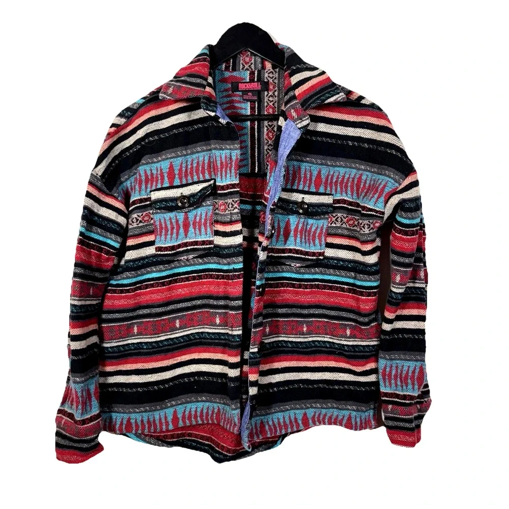 Rock & Roll Denim Women's Southwestern Aztec Stripe Print Button Down Red Blue
